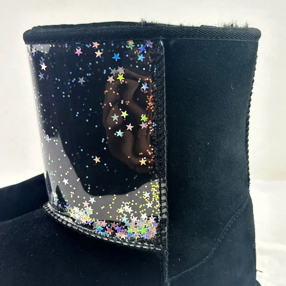 UGG Classic II Clear Glitter Girls Boots Size 6 Black Stars Waterproof #1121014K